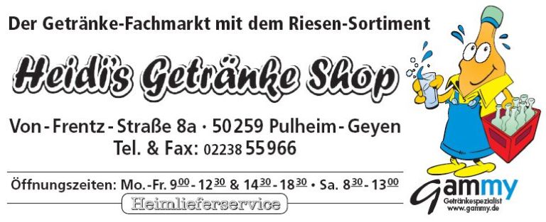 Werbeplakat von Heidis Getränkeshop in Pulheim-Geyen