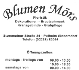 Werbeplakat von Blumen Mörs in Pulheim-Sinnersdorf